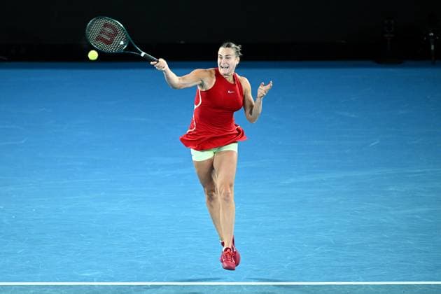 TENNIS AUSTRALIAN OPEN, Aryna Sabelenka of Belarus plays a return shot during her quarter final match against Barbora Krejcikova of the Czech Republic on Day 10 of the 2024 Australian Open at Melbourne Park in Melbourne, Tuesday, January 23, 2024. ( NO ARCHIVING, EDITORIAL USE ONLY, NO USE IN BOOKS WITHOUT CONSENT MELBOURNE VICTORIA AUSTRALIA  Copyright: xJOELxCARRETTx 20240123001892579562