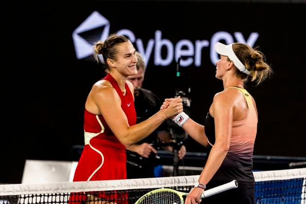 MELBOURNE, VIC - JANUARY 23: Aryna Sabalenka of Belarus meets Barbora Krejcikova of the Czech Republic after winning her quarterfinal match of the 2024 Australian Open on January 23 2024, at Melbourne Park in Melbourne, Australia. (Photo by Jason Heidrich Icon Sportswire) TENNIS: JAN 23 Australian Open EDITORIAL USE ONLY Icon240123222