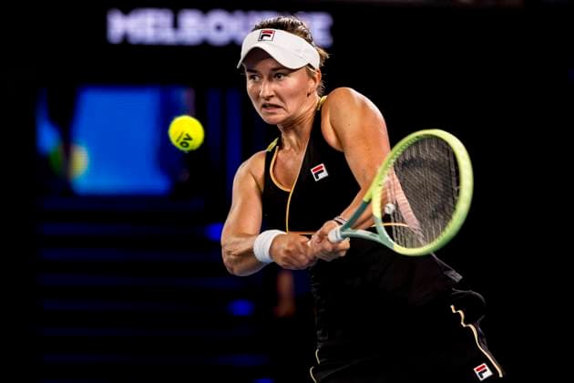 MELBOURNE, VIC - JANUARY 23: Barbora Krejcikova of the Czech Republic in action during the Quarterfinals of the 2024 Australian Open on January 23 2024, at Melbourne Park in Melbourne, Australia. (Photo by Jason Heidrich Icon Sportswire) TENNIS: JAN 23 Australian Open EDITORIAL USE ONLY Icon240123234