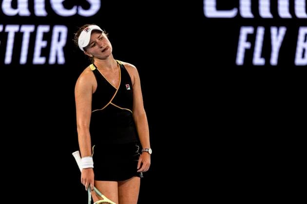 MELBOURNE, VIC - JANUARY 23: Barbora Krejcikova of the Czech Republic shows her frustration during the Quarterfinals of the 2024 Australian Open on January 23 2024, at Melbourne Park in Melbourne, Australia. (Photo by Jason Heidrich Icon Sportswire) TENNIS: JAN 23 Australian Open EDITORIAL USE ONLY Icon240123238