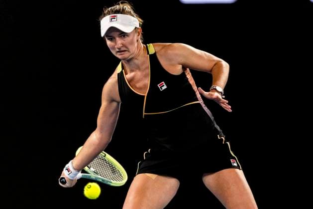 MELBOURNE, VIC - JANUARY 23: Barbora Krejcikova of the Czech Republic in action during the Quarterfinals of the 2024 Australian Open on January 23 2024, at Melbourne Park in Melbourne, Australia. (Photo by Jason Heidrich Icon Sportswire) TENNIS: JAN 23 Australian Open EDITORIAL USE ONLY Icon240123240
