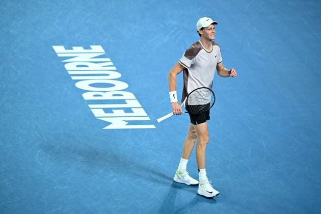 TENNIS AUSTRALIAN OPEN, Jannik Sinner of Italy reacts during his quarter final match against Andrey Rublev of Russia on Day 10 of the 2024 Australian Open at Melbourne Park in Melbourne, Tuesday, January 23, 2024. ( NO ARCHIVING, EDITORIAL USE ONLY, NO USE IN BOOKS WITHOUT CONSENT MELBOURNE VICTORIA AUSTRALIA  Copyright: xJOELxCARRETTx 20240123001892596321