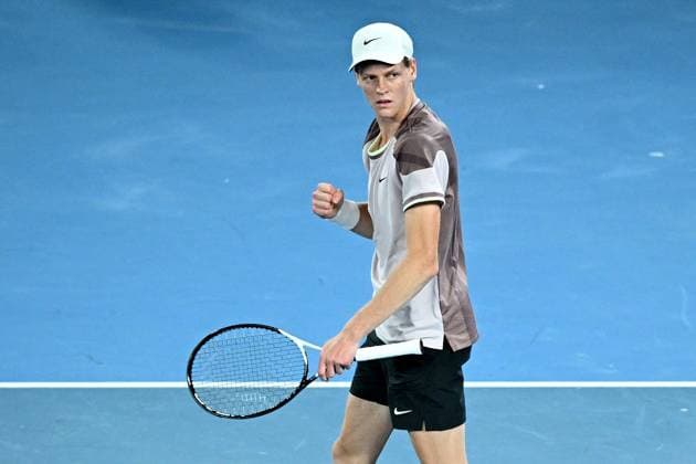 TENNIS AUSTRALIAN OPEN, Jannik Sinner of Italy reacts after winning the first set during his quarter final match against Andrey Rublev of Russia on Day 10 of the 2024 Australian Open at Melbourne Park in Melbourne, Tuesday, January 23, 2024. ( NO ARCHIVING, EDITORIAL USE ONLY, NO USE IN BOOKS WITHOUT CONSENT MELBOURNE VICTORIA AUSTRALIA  Copyright: xJOELxCARRETTx 20240123001892600690