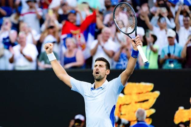 (240123) -- MELBOURNE, Jan. 23, 2024 -- Novak Djokovic celebrates after winning the men s singles quarterfinal match between Novak Djokovic of Serbia and Taylor Fritz of the United States at Australian Open tennis tournament in Melbourne, Australia, Jan. 23, 2024. (Photo by Xinhua) (SP)AUSTRALIA-MELBOURNE-TENNIS-AUSTRALIAN OPEN ChuxChen 