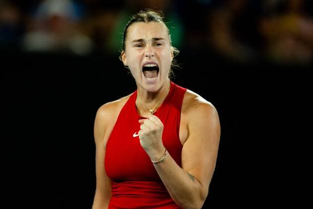 (240123) -- MELBOURNE, Jan. 23, 2024 -- Aryna Sabalenka celebrates during the women s singles quarterfinal match between Aryna Sabalenka of Belarus and Barbora Krejcikova of the Czech Republic at Australian Open tennis tournament in Melbourne, Australia, Jan. 23, 2024. (Photo by Chu Chen Xinhua) (SP)AUSTRALIA-MELBOURNE-TENNIS-AUSTRALIAN OPEN ZhangxJianhua 