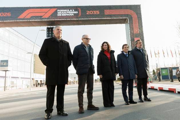 MADRID, SPAIN - JANUARY 23:from left to right, Vicente de los Mozos president of IFEMA MADRID, president of the Community of Madrid Isabel Diaz Ayuso, Stefano Domenicali president and CEO of Formula one, Jose Luis Martinez Almeida mayor of Madrid and Angel Asensio president of the Madrid Chamber of Commerce during presentation of the Formula One grand prix that will be held in Madrid starting in 2026 ONLYxEDITORIALxUSAGE  (241612299)