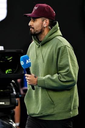 Nick Kyrgios on court to interview Novak after the quarter-final match Australian Open, Day Ten, Tennis, Melbourne Park, Melbourne, Australia - 23 Jan 2024  Copyright: xJamesxGourley Shutterstockx 14312084gk