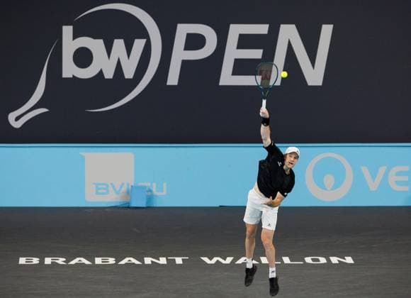 Belgian Joris De Loore pictured in action during a tennis match against Hungarian Piros, in the first round of the men s singles at the BW Open ATP, Tennis Herren Challenger 125 tournament, in Louvain-la-Neuve, Tuesday 23 January 2024. THE BW Open takes place from 22 to 28 January. BENOITxDOPPAGNE  x84515799x