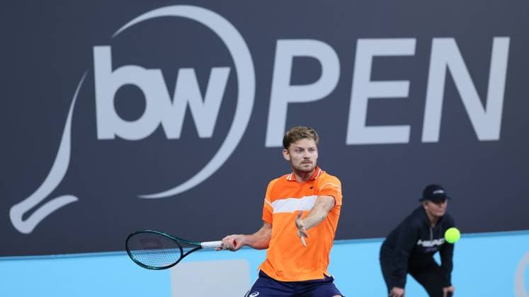 Belgian David Goffin pictured in action during a tennis match against his compatriot Bergs, in the first round of the men s singles at the BW Open ATP, Tennis Herren Challenger 125 tournament, in Louvain-la-Neuve, Tuesday 23 January 2024. THE BW Open takes place from 22 to 28 January. BENOITxDOPPAGNE  x84519969x