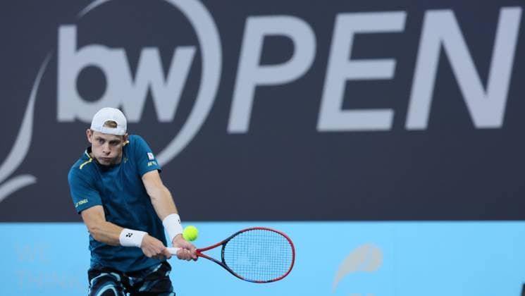 Belgian Zizou Bergs pictured in action during a tennis match against his compatriot Goffin, in the first round of the men s singles at the BW Open ATP, Tennis Herren Challenger 125 tournament, in Louvain-la-Neuve, Tuesday 23 January 2024. THE BW Open takes place from 22 to 28 January. BENOITxDOPPAGNE  x84520281x
