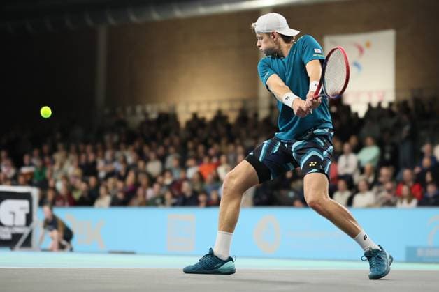 Belgian Zizou Bergs pictured in action during a tennis match against his compatriot Goffin, in the first round of the men s singles at the BW Open ATP, Tennis Herren Challenger 125 tournament, in Louvain-la-Neuve, Tuesday 23 January 2024. THE BW Open takes place from 22 to 28 January. BENOITxDOPPAGNE  x84520461x