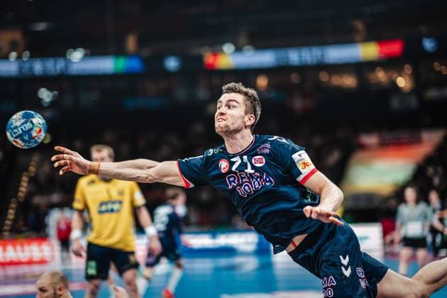 Handball Men EHF EURO 2024 European Championshop Men 2024 Final Tournament Norway vs Sweden 23 01 2024 Alexandre Christoffersen Blonz 71, Norway, NOR at the throw Hamburg Barclays Arena Hamburg Germany