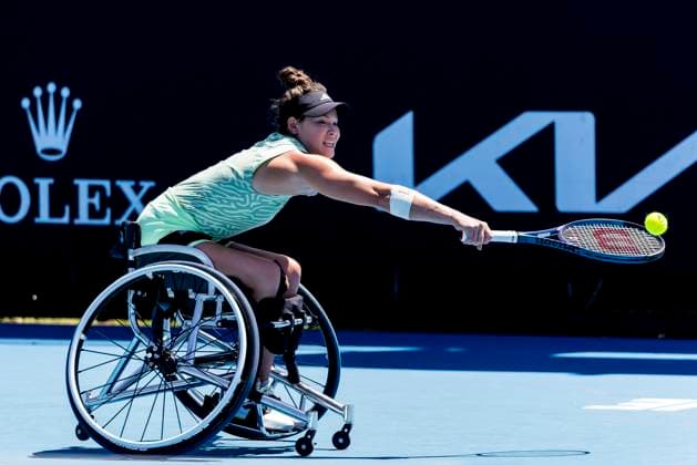 MELBOURNE, VIC - JANUARY 24: Dana Mathewson of the United States of America in action during the Quarterfinals of the wheelchair event in the 2024 Australian Open on January 24 2024, at Melbourne Park in Melbourne, Australia. (Photo by Jason Heidrich Icon Sportswire) TENNIS: JAN 24 Australian Open EDITORIAL USE ONLY Icon240124038