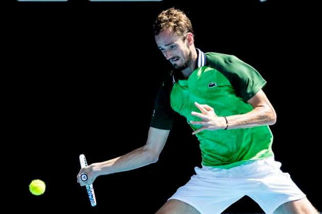 MELBOURNE, VIC - JANUARY 24: Daniil Medvedev of Russia in action during the Quarterfinals of the 2024 Australian Open on January 24 2024, at Melbourne Park in Melbourne, Australia. (Photo by Jason Heidrich Icon Sportswire) TENNIS: JAN 24 Australian Open EDITORIAL USE ONLY Icon240124102