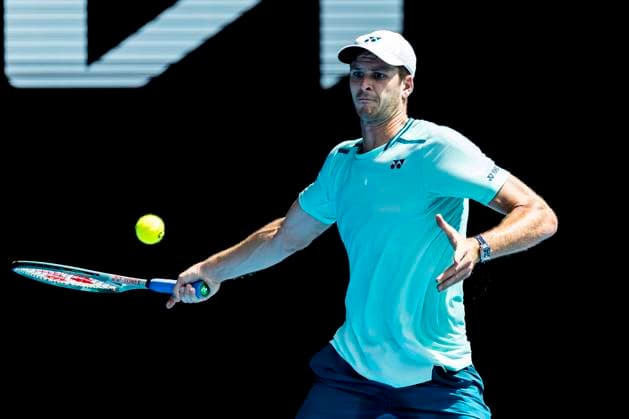 MELBOURNE, VIC - JANUARY 24: Hubert Hurkacz of Poland in action during the Quarterfinals of the 2024 Australian Open on January 24 2024, at Melbourne Park in Melbourne, Australia. (Photo by Jason Heidrich Icon Sportswire) TENNIS: JAN 24 Australian Open EDITORIAL USE ONLY Icon240124126