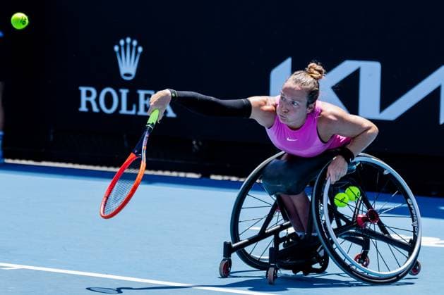 (240124) -- MELBOURNE, Jan. 24, 2024 -- Jiske Griffioen returns the ball during the women s wheelchair singles quarterfinal between Zhu Zhenzhen of China and Jiske Griffioen of the Netherlands at Australian Open tennis tournament in Melbourne, Australia, Jan. 24, 2024. (Photo by Xinhua) (SP)AUSTRALIA-MELBOURNE-TENNIS-AUSTRALIAN OPEN ChuxChen 