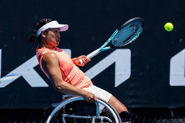 (240124) -- MELBOURNE, Jan. 24, 2024 -- Zhu Zhenzhen returns the ball during the women s wheelchair singles quarterfinal between Zhu Zhenzhen of China and Jiske Griffioen of the Netherlands at Australian Open tennis tournament in Melbourne, Australia, Jan. 24, 2024. (Photo by Xinhua) (SP)AUSTRALIA-MELBOURNE-TENNIS-AUSTRALIAN OPEN ChuxChen 