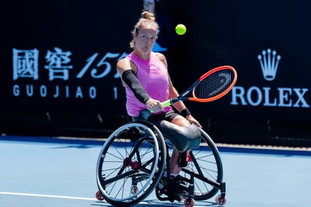 (240124) -- MELBOURNE, Jan. 24, 2024 -- Jiske Griffioen returns the ball during the women s wheelchair singles quarterfinal between Zhu Zhenzhen of China and Jiske Griffioen of the Netherlands at Australian Open tennis tournament in Melbourne, Australia, Jan. 24, 2024. (Photo by Xinhua) (SP)AUSTRALIA-MELBOURNE-TENNIS-AUSTRALIAN OPEN ChuxChen 