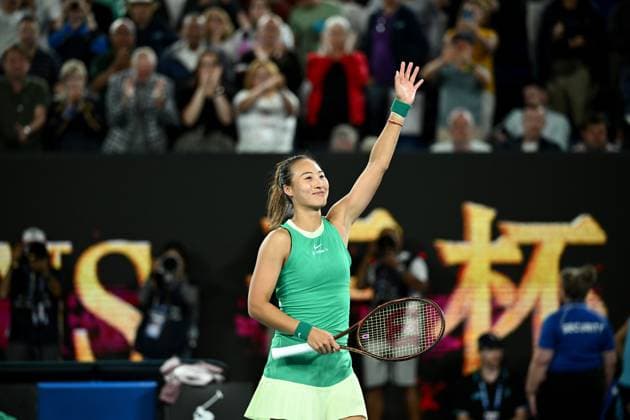 TENNIS AUSTRALIAN OPEN, Qinwen Zheng of China celebrates her Womens Quarterfinal win against Anna Kalinskaya of Russia on Day 11 of the 2024 Australian Open at Melbourne Park in Melbourne, Wednesday, January 24, 2024. ( NO ARCHIVING, EDITORIAL USE ONLY, NO USE IN BOOKS WITHOUT CONSENT MELBOURNE VICTORIA AUSTRALIA  Copyright: xJOELxCARRETTx 20240124001892972477