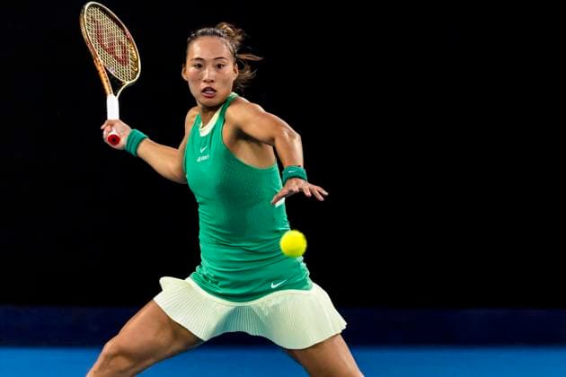 MELBOURNE, VIC - JANUARY 24: Qinwen Zheng of China in action during the Quarterfinals of the 2024 Australian Open on January 24 2024, at Melbourne Park in Melbourne, Australia. (Photo by Jason Heidrich Icon Sportswire) TENNIS: JAN 24 Australian Open EDITORIAL USE ONLY Icon240124183