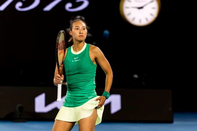 MELBOURNE, VIC - JANUARY 24: Qinwen Zheng of China in action during the Quarterfinals of the 2024 Australian Open on January 24 2024, at Melbourne Park in Melbourne, Australia. (Photo by Jason Heidrich Icon Sportswire) TENNIS: JAN 24 Australian Open EDITORIAL USE ONLY Icon240124190