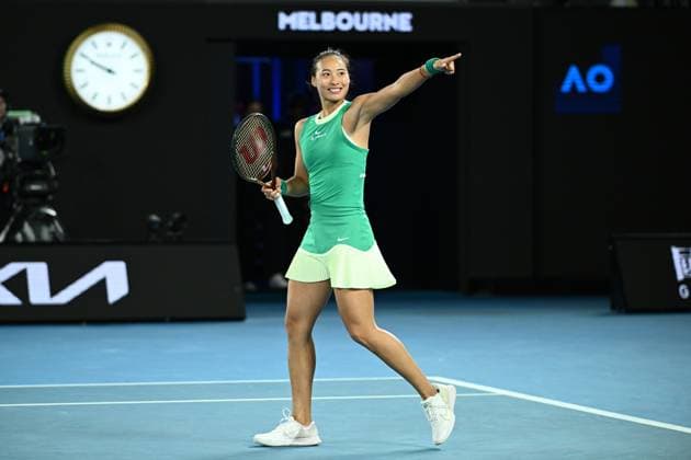 TENNIS AUSTRALIAN OPEN, Qinwen Zheng of China celebrates match point during her Womens Quarterfinal win against Anna Kalinskaya of Russia on Day 11 of the 2024 Australian Open at Melbourne Park in Melbourne, Wednesday, January 24, 2024. ( NO ARCHIVING, EDITORIAL USE ONLY, NO USE IN BOOKS WITHOUT CONSENT MELBOURNE VICTORIA AUSTRALIA  Copyright: xJOELxCARRETTx 20240124001892973441