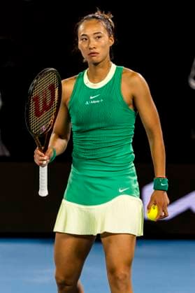 MELBOURNE, VIC - JANUARY 24: Qinwen Zheng of China in action during the Quarterfinals of the 2024 Australian Open on January 24 2024, at Melbourne Park in Melbourne, Australia. (Photo by Jason Heidrich Icon Sportswire) TENNIS: JAN 24 Australian Open EDITORIAL USE ONLY Icon240124191