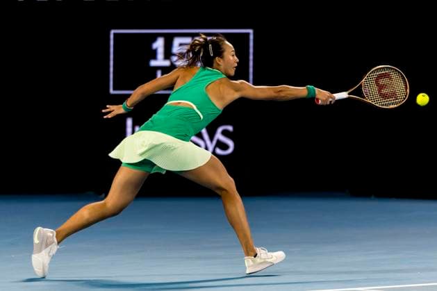 MELBOURNE, VIC - JANUARY 24: Qinwen Zheng of China in action during the Quarterfinals of the 2024 Australian Open on January 24 2024, at Melbourne Park in Melbourne, Australia. (Photo by Jason Heidrich Icon Sportswire) TENNIS: JAN 24 Australian Open EDITORIAL USE ONLY Icon240124192