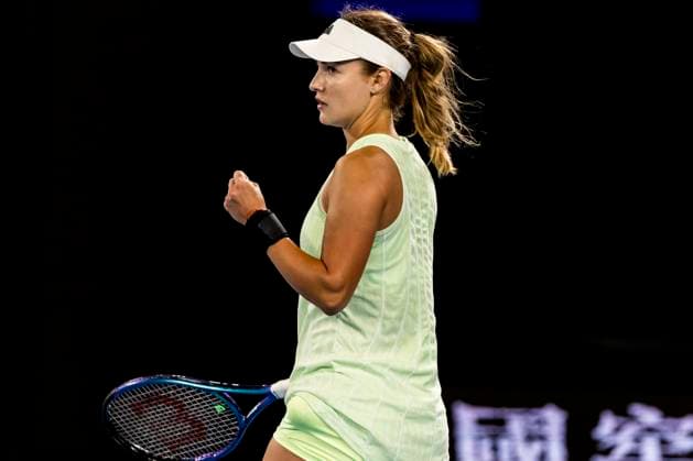 MELBOURNE, VIC - JANUARY 24: Anna Kalinskaya of Russia celebrates during the Quarterfinals of the 2024 Australian Open on January 24 2024, at Melbourne Park in Melbourne, Australia. (Photo by Jason Heidrich Icon Sportswire) TENNIS: JAN 24 Australian Open EDITORIAL USE ONLY Icon240124222