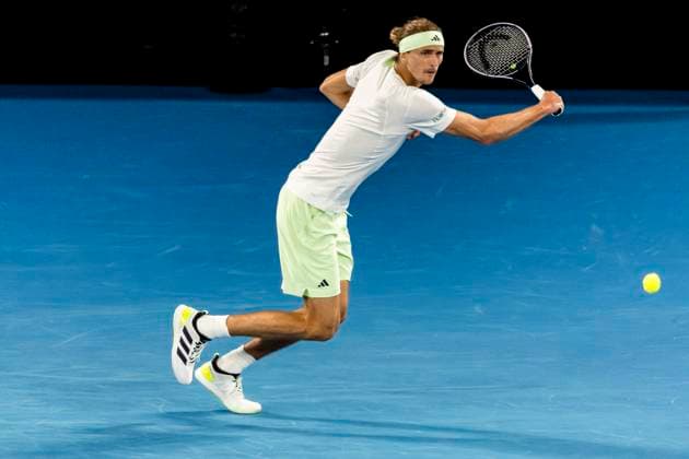 MELBOURNE, VIC - JANUARY 24: Alexander Zverev of Germany in action during the Quarterfinals of the 2024 Australian Open on January 24 2024, at Melbourne Park in Melbourne, Australia. (Photo by Jason Heidrich Icon Sportswire) TENNIS: JAN 24 Australian Open EDITORIAL USE ONLY Icon240124223