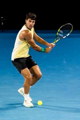 MELBOURNE, VIC - JANUARY 24: Carlos Alcaraz of Spain in action during the Quarterfinals of the 2024 Australian Open on January 24 2024, at Melbourne Park in Melbourne, Australia. (Photo by Jason Heidrich Icon Sportswire) TENNIS: JAN 24 Australian Open EDITORIAL USE ONLY Icon240124262
