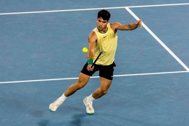 MELBOURNE, VIC - JANUARY 24: Carlos Alcaraz of Spain in action during the Quarterfinals of the 2024 Australian Open on January 24 2024, at Melbourne Park in Melbourne, Australia. (Photo by Jason Heidrich Icon Sportswire) TENNIS: JAN 24 Australian Open EDITORIAL USE ONLY Icon240124273