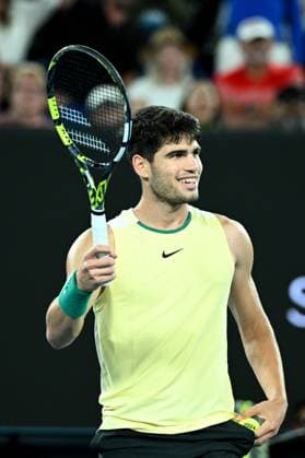 TENNIS AUSTRALIAN OPEN, Carlos Alcaraz of Spain reacts during his Mens Quarterfinal match against Alexander Zverev of Germany on Day 11 of the 2024 Australian Open at Melbourne Park in Melbourne, Wednesday, January 24, 2024. ( NO ARCHIVING, EDITORIAL USE ONLY, NO USE IN BOOKS WITHOUT CONSENT MELBOURNE VICTORIA AUSTRALIA  Copyright: xJOELxCARRETTx 20240125001893014376