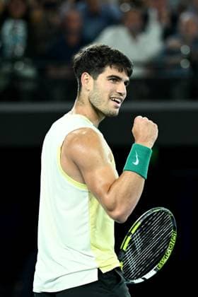 TENNIS AUSTRALIAN OPEN, Carlos Alcaraz of Spain celebrates taking the 3rd set during his Mens Quarterfinal match against Alexander Zverev of Germany on Day 11 of the 2024 Australian Open at Melbourne Park in Melbourne, Wednesday, January 24, 2024. ( NO ARCHIVING, EDITORIAL USE ONLY, NO USE IN BOOKS WITHOUT CONSENT MELBOURNE VICTORIA AUSTRALIA  Copyright: xJOELxCARRETTx 20240125001893016824