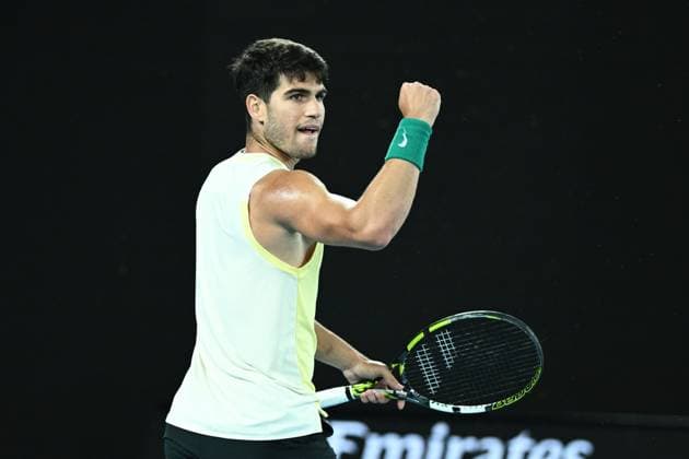TENNIS AUSTRALIAN OPEN, Carlos Alcaraz of Spain reacts during his Mens Quarterfinal match against Alexander Zverev of Germany on Day 11 of the 2024 Australian Open at Melbourne Park in Melbourne, Wednesday, January 24, 2024. ( NO ARCHIVING, EDITORIAL USE ONLY, NO USE IN BOOKS WITHOUT CONSENT MELBOURNE VICTORIA AUSTRALIA  Copyright: xJOELxCARRETTx 20240125001893018929