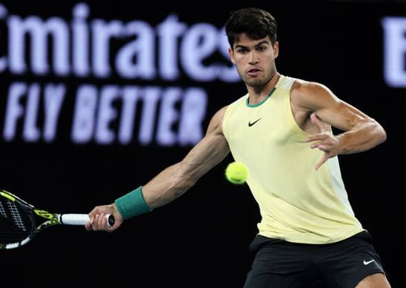 (240124) -- MELBOURNE, Jan. 24, 2024 -- Carlos Alcaraz competes during the men s singles quarterfinal between Carlos Alcaraz of Spain and Alexander Zverev of Germany at Australian Open tennis tournament in Melbourne, Australia, Jan. 24, 2024. ) (SP)AUSTRALIA-MELBOURNE-TENNIS-AUSTRALIAN OPEN-QUARTERFINALS MaxPing 