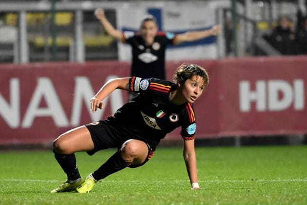 Valentina Giacinti of AS Roma celebrates after scoring the goal of 1-0 during the Women Champions League group stage C match between AS Roma and Bayern Munchen at tre fontane stadium, Rome (Italy), January 24th, 2023. andreaxstaccioli