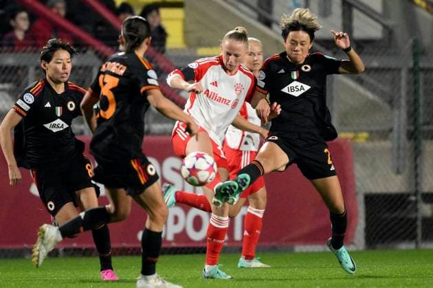 Saki Kumagai, Laura Feiersinger of AS Roma, Lea Schuller of Bayern Munchen and Moeka Minami of AS Roma compete for the ball during the Women Champions League group stage C match between AS Roma and Bayern Munchen at tre fontane stadium, Rome (Italy), January 24th, 2023. andreaxstaccioli