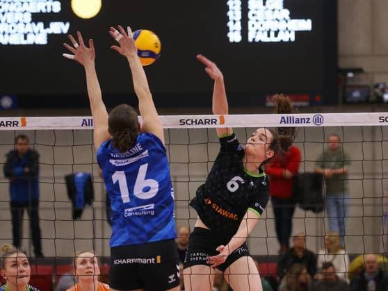 BAU 24 01 2024 Stuttgart Volleyball Allianz MTV Stuttgart vs Ladies in Black Aachen, f l Kayla Haneline Stuttgart , Nicole Van de Vosse Aachen