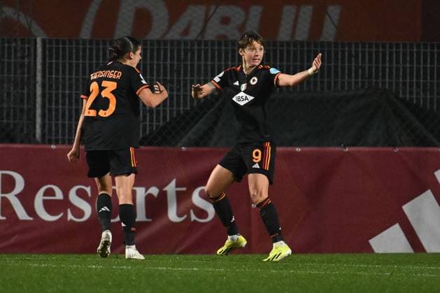 Valentina Giacinti of A.S. Roma Women celebrates after scoring 1-0 during the day 5 Group C of the UEFA Women s Champions League between A.S. Roma vs F.C. Bayern Munchen, 24 January 2024 at the Stadio Tre Fontane in Rome, Italy.  Copyright: xDomenicoxCippitelli IPAxSportx x xx IPA_42928489 IPA_Agency_IPA42928489