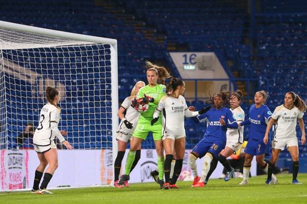 24th January 2024; Stamford Bridge, Chelsea, London, England: UEFA Womens Champions League Football, Chelsea versus Real Madrid Femenino; goalkeeper Mylene Chavas of Real Madrid drops a catch from a corner.  ActionPlus12601517 KatiexChan