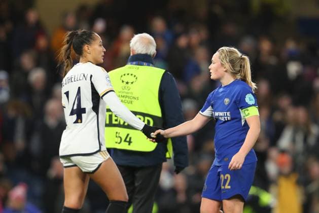 24th January 2024; Stamford Bridge, Chelsea, London, England: UEFA Womens Champions League Football, Chelsea versus Real Madrid Femenino; Kathellen of Real Madrid shakes hands with Erin Cuthbert of Chelsea after the match.  ActionPlus12601532 KatiexChan