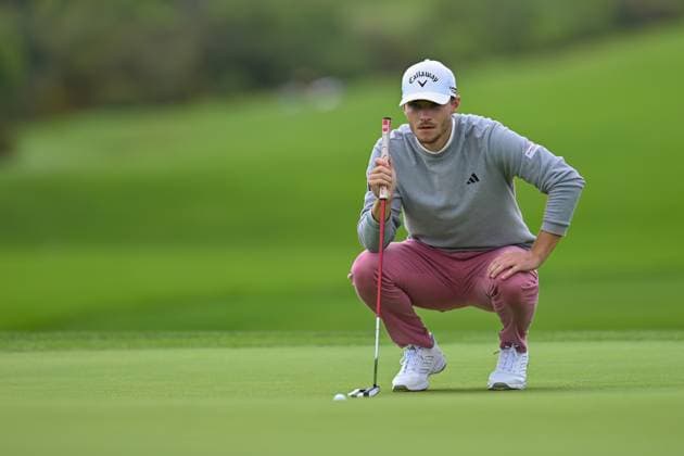 January 24, 2024: Nicolai Hojgaard lines up a putt on the 6th hole during the first round of the Farmers Insurance Open at Torrey Pines South in San Diego, California. CSM San Diego USA - ZUMAc04_ 20240124_zma_c04_067 Copyright: xJustinxFinex