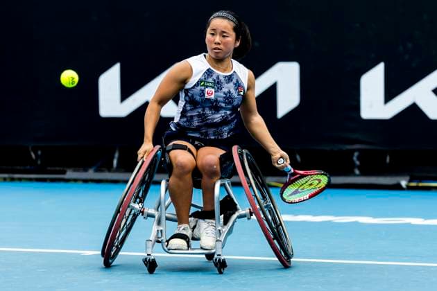 MELBOURNE, VIC - JANUARY 25: Yui Kamiji of Japan in action during the semifinals of the wheelchair event in the 2024 Australian Open on January 25 2024, at Melbourne Park in Melbourne, Australia. (Photo by Jason Heidrich Icon Sportswire) TENNIS: JAN 25 Australian Open EDITORIAL USE ONLY Icon240125003