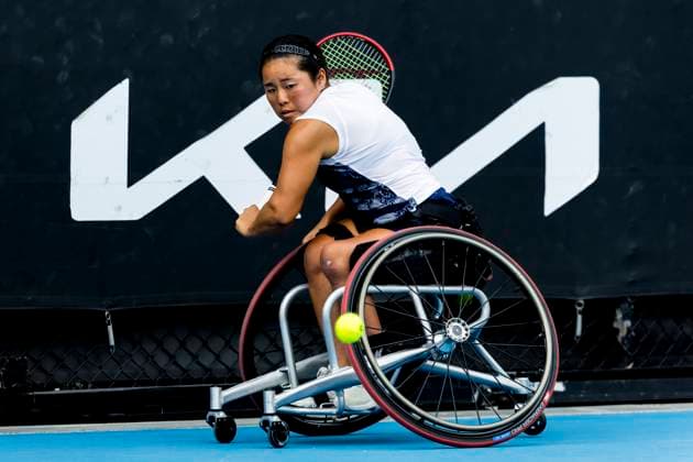 MELBOURNE, VIC - JANUARY 25: Yui Kamiji of Japan in action during the semifinals of the wheelchair event in the 2024 Australian Open on January 25 2024, at Melbourne Park in Melbourne, Australia. (Photo by Jason Heidrich Icon Sportswire) TENNIS: JAN 25 Australian Open EDITORIAL USE ONLY Icon240125020