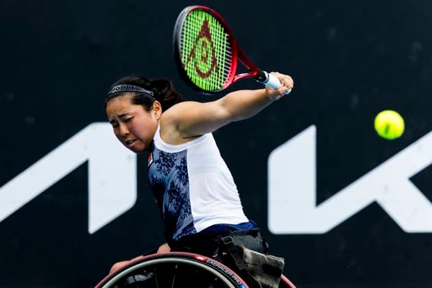 MELBOURNE, VIC - JANUARY 25: Yui Kamiji of Japan in action during the semifinals of the wheelchair event in the 2024 Australian Open on January 25 2024, at Melbourne Park in Melbourne, Australia. (Photo by Jason Heidrich Icon Sportswire) TENNIS: JAN 25 Australian Open EDITORIAL USE ONLY Icon240125025