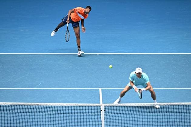 TENNIS AUSTRALIAN OPEN, Matthew Ebden (right) of Australia and Rohan Bopanna of India in action during their Men?s Doubles semifnal against Tomas Machac of Czech Republic and Zhizhen Zhang of China on Day 12 of the 2024 Australian Open at Melbourne Park in Melbourne, Thursday, January 25, 2024. ( NO ARCHIVING, EDITORIAL USE ONLY, NO USE IN BOOKS WITHOUT CONSENT MELBOURNE VICTORIA AUSTRALIA  Copyright: xJAMESxROSSx 20240125001893297106