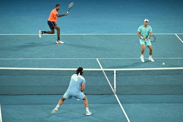 TENNIS AUSTRALIAN OPEN, Matthew Ebden (right) of Australia and Rohan Bopanna of India in action during their Men?s Doubles semifnal against Tomas Machac of Czech Republic and Zhizhen Zhang of China on Day 12 of the 2024 Australian Open at Melbourne Park in Melbourne, Thursday, January 25, 2024. ( NO ARCHIVING, EDITORIAL USE ONLY, NO USE IN BOOKS WITHOUT CONSENT MELBOURNE VICTORIA AUSTRALIA  Copyright: xJAMESxROSSx 20240125001893299818