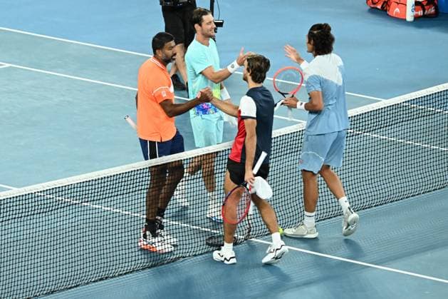 TENNIS AUSTRALIAN OPEN, Tomas Machac of Czech Republic and Zhizhen Zhang of China congratulate Matthew Ebden of Australia and Rohan Bopanna of India on their Men?s Doubles semifnal win on Day 12 of the 2024 Australian Open at Melbourne Park in Melbourne, Thursday, January 25, 2024. ( NO ARCHIVING, EDITORIAL USE ONLY, NO USE IN BOOKS WITHOUT CONSENT MELBOURNE VICTORIA AUSTRALIA  Copyright: xJAMESxROSSx 20240125001893316857