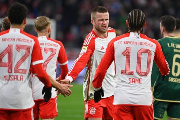 Eric DIER Bayern Muenchen , with Leroy SANE Bayern Muenchen , Jamal MUSIALA Bayern Muenchen , Action Football 1 Bundesliga Season 2023 2024, 13 Matchday, Matchday13, FC Bayern Muenchen 1 FC Union Berlin 1 0 on 24 01 2024 , A L L I A N Z A R E N A